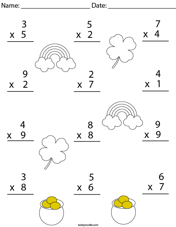  St Patrick s Day Multiplication Practice Math Worksheet Twisty Noodle